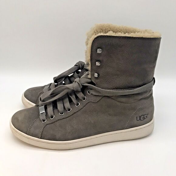 UGG Starlyn F27117D Sneaker Boots Women's 9 Gray Leather Shearling Lace Up Shoes - Picture 2 of 11